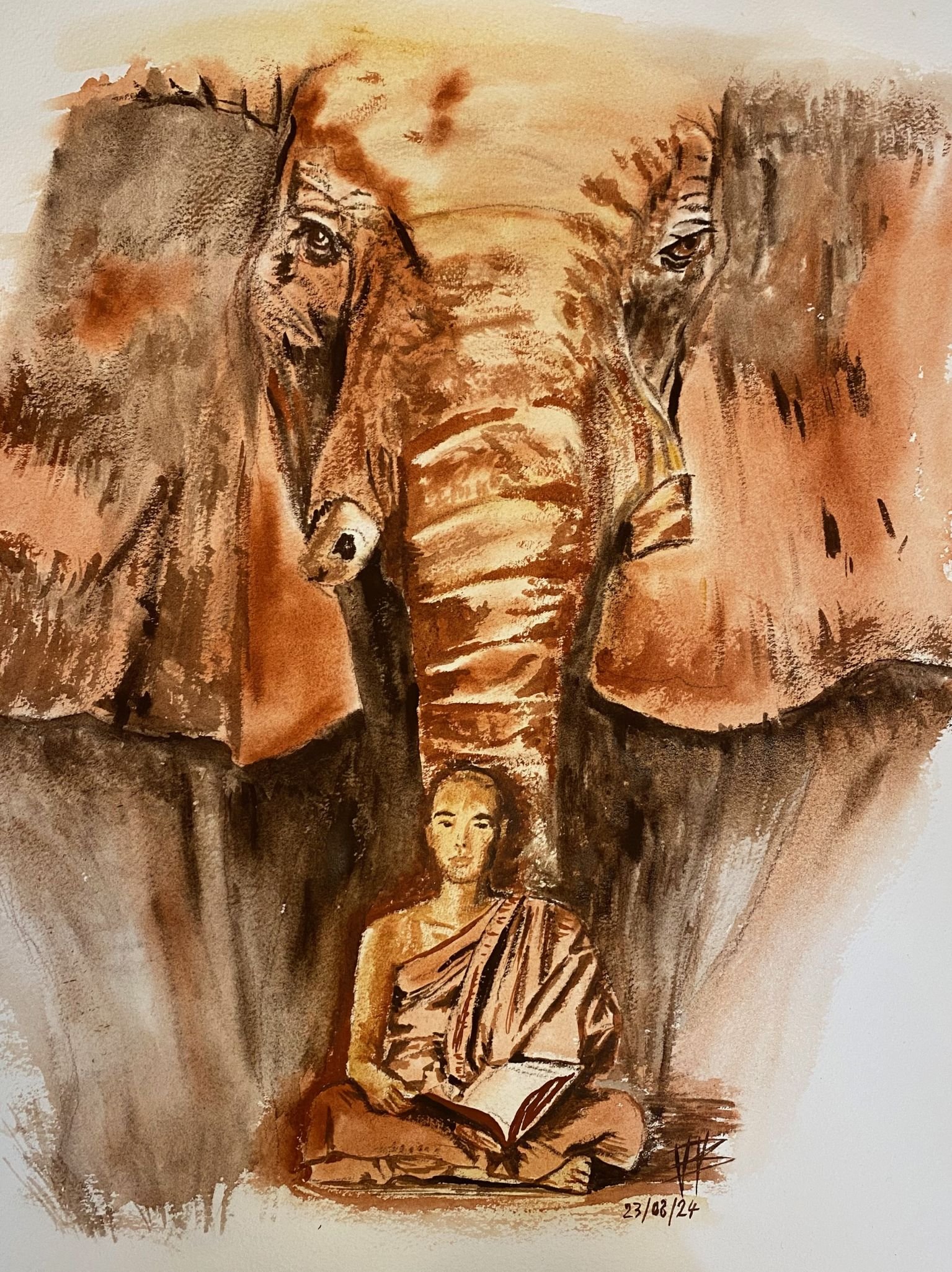 aquarelle Un éléphant d'Afrique et un moine bouddhiste
