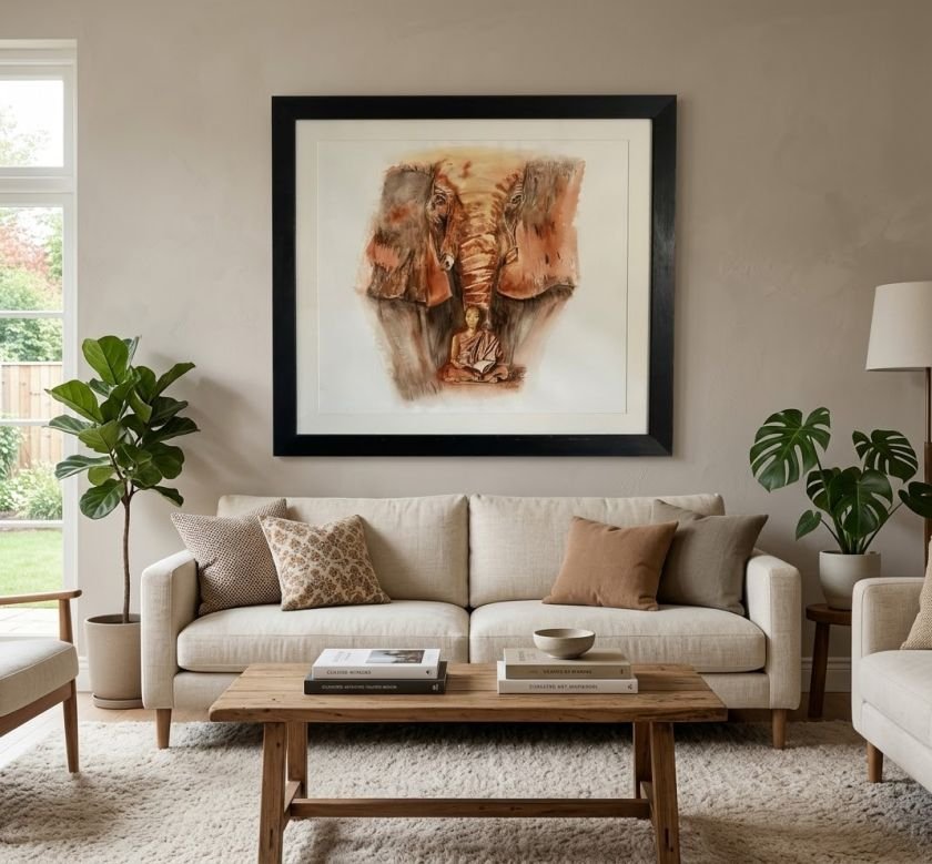 aquarelle elephant et moine bouddhiste